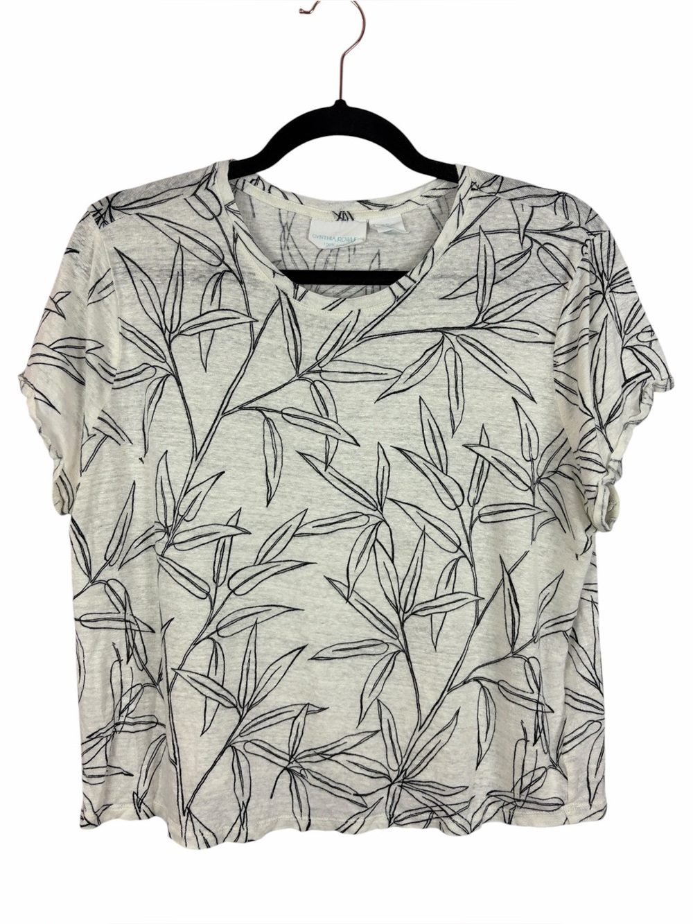 Cynthia Rowley 100% Linen Leaf Print Tee XL Ivory Black Short Sleeve Top